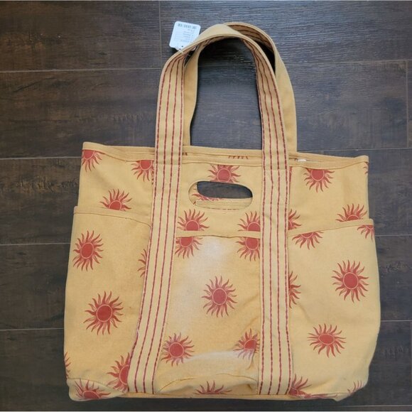 Free People Caravan Canvas Tote Sun Print Yellow Red Large Bag Boho Summer - Picture 3 of 9